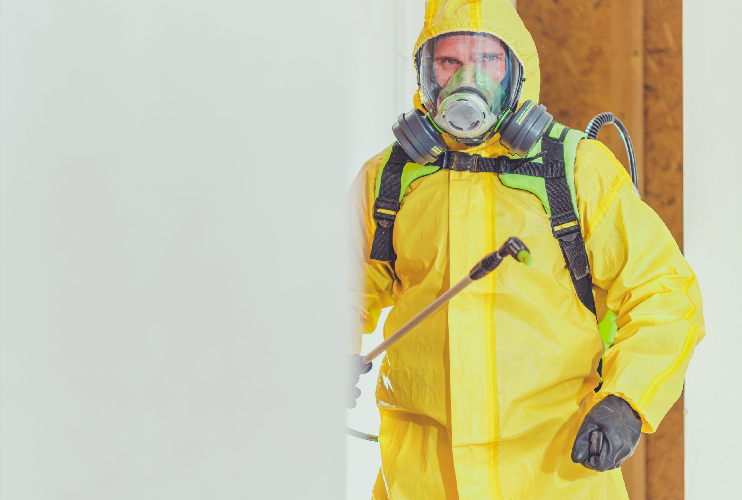 Disinfection For Virus Killing. Worker in Hazmat Suit and Face Protection Mask Spraying  Interior Using Chemical Agents To Stop Spreading Virus Infections.